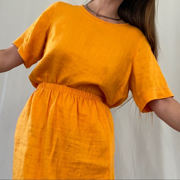 Vintage linen skirt and blouse set by FLAX, canary yellow orange - Picture 5 of 6